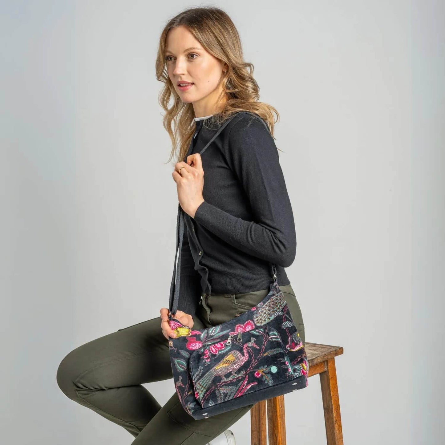 Black Botanical Printed Velvet Hobo Bag | The Jewellery Stop