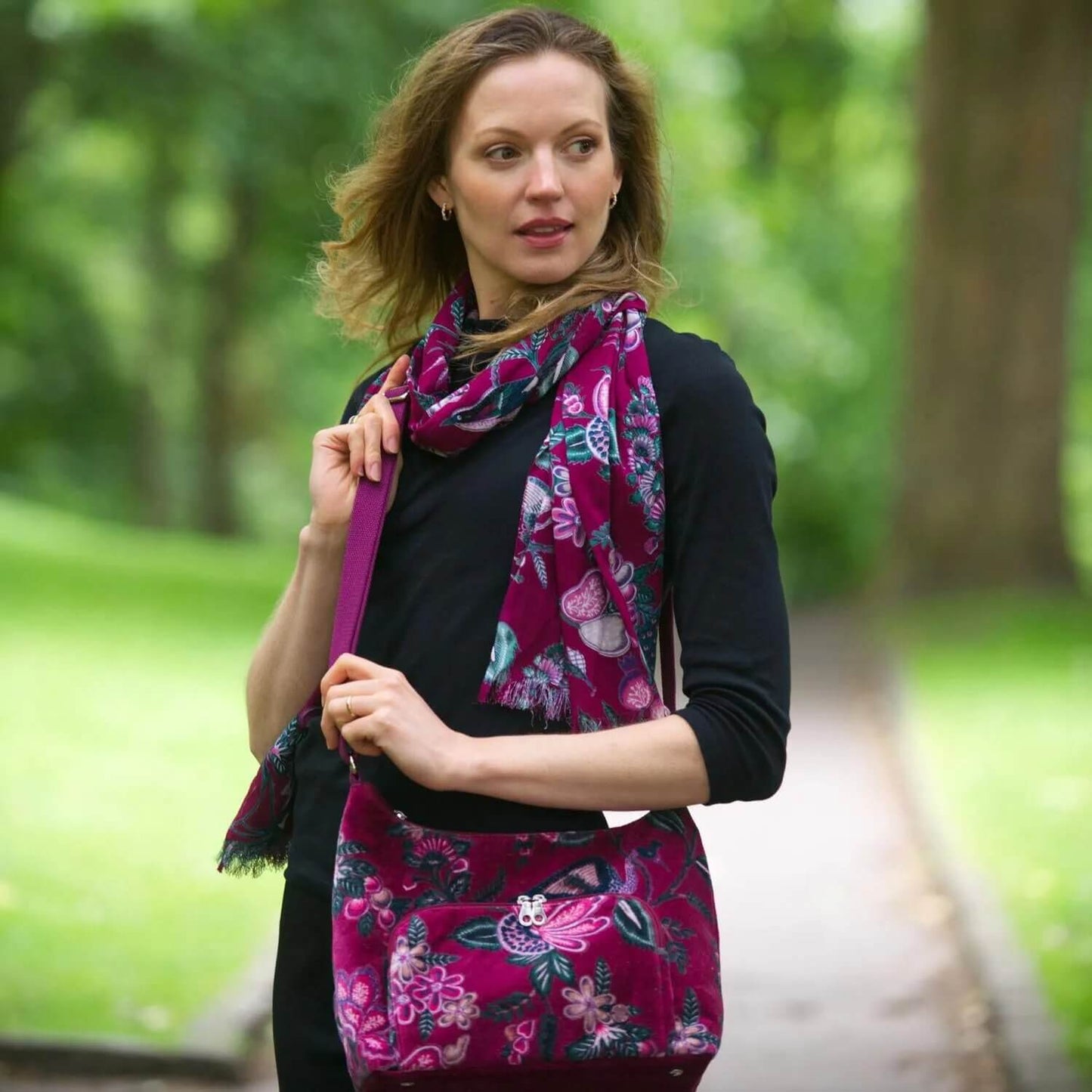 Plum Botanical Printed Velvet Hobo Bag | The Jewellery Stop