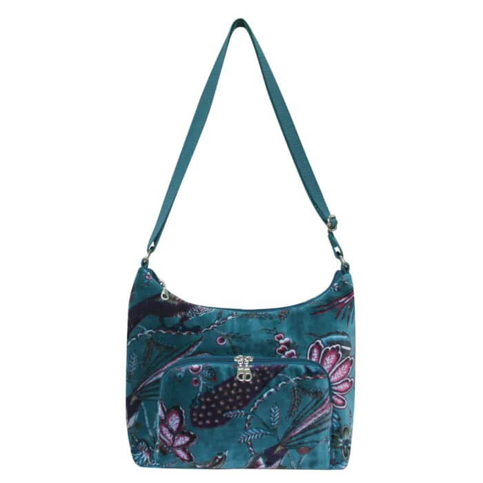 Teal Botanical Printed Velvet Hobo Bag | The Jewellery Stop