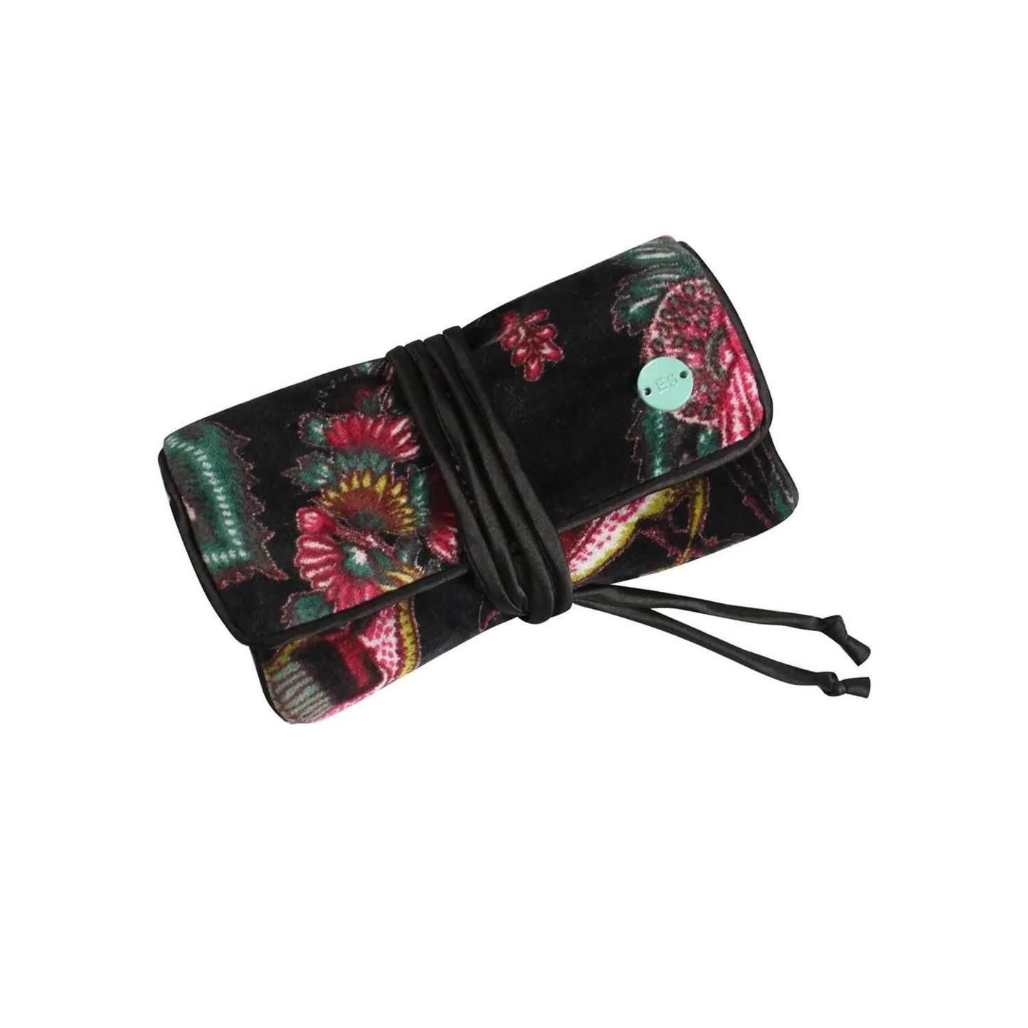 Black Botanical Printed Velvet Jewellery Roll | The Jewellery Stop