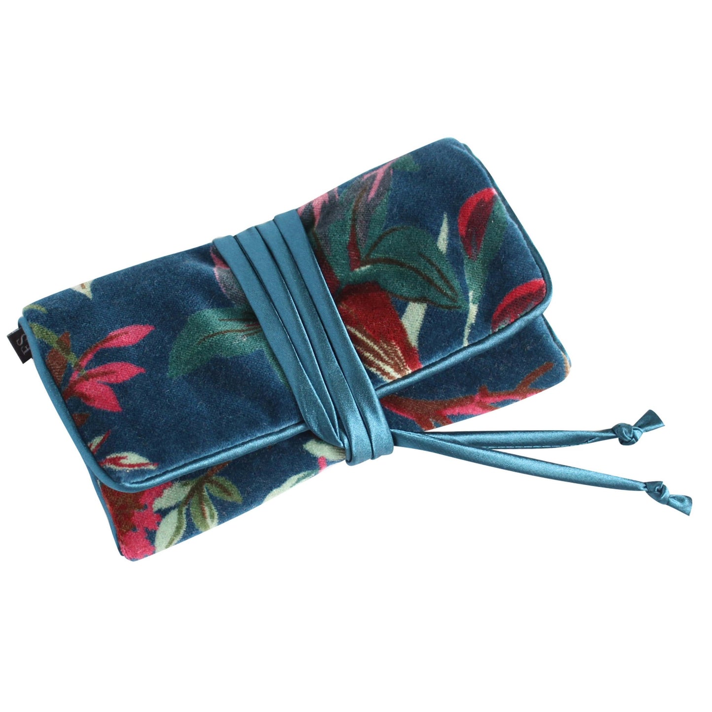 Teal Botanical Velvet Jewellery Roll | The Jewellery Stop