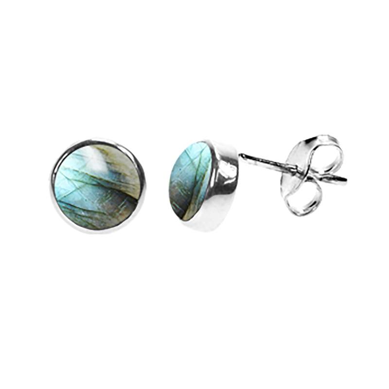 Sterling Silver Round Labradorite Cabochon Stud Earrings | The Jewellery Stop