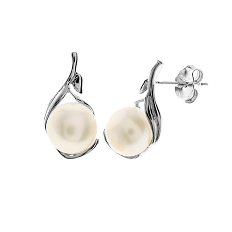 Sterling Silver Leaf With Freshwater Pearl Stud Earrings | The Jewellery Stop