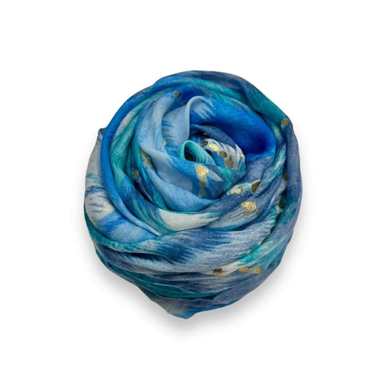Blue Colourful Wave Scarf with Fringes