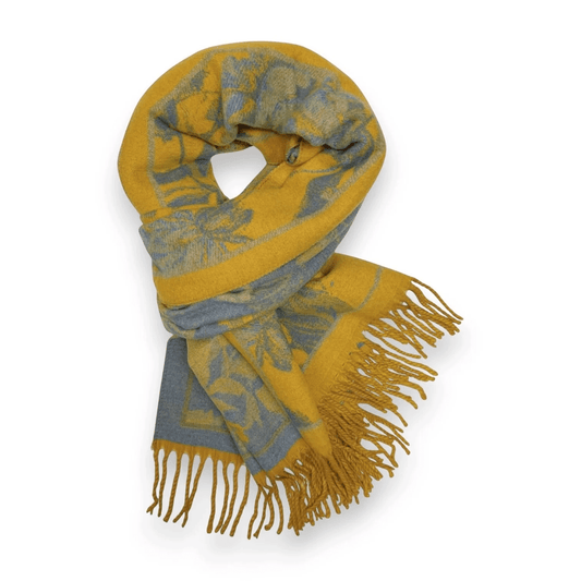 Mustard Flower Reversible Print Cashmere Blend Winter Scarf