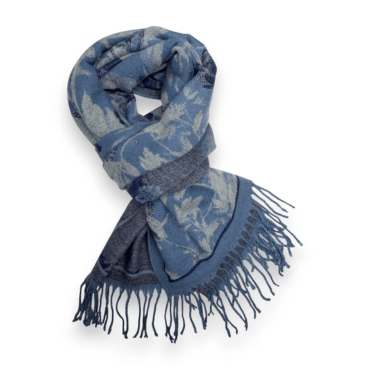 Blue Flower Reversible Print Cashmere Blend Winter Scarf