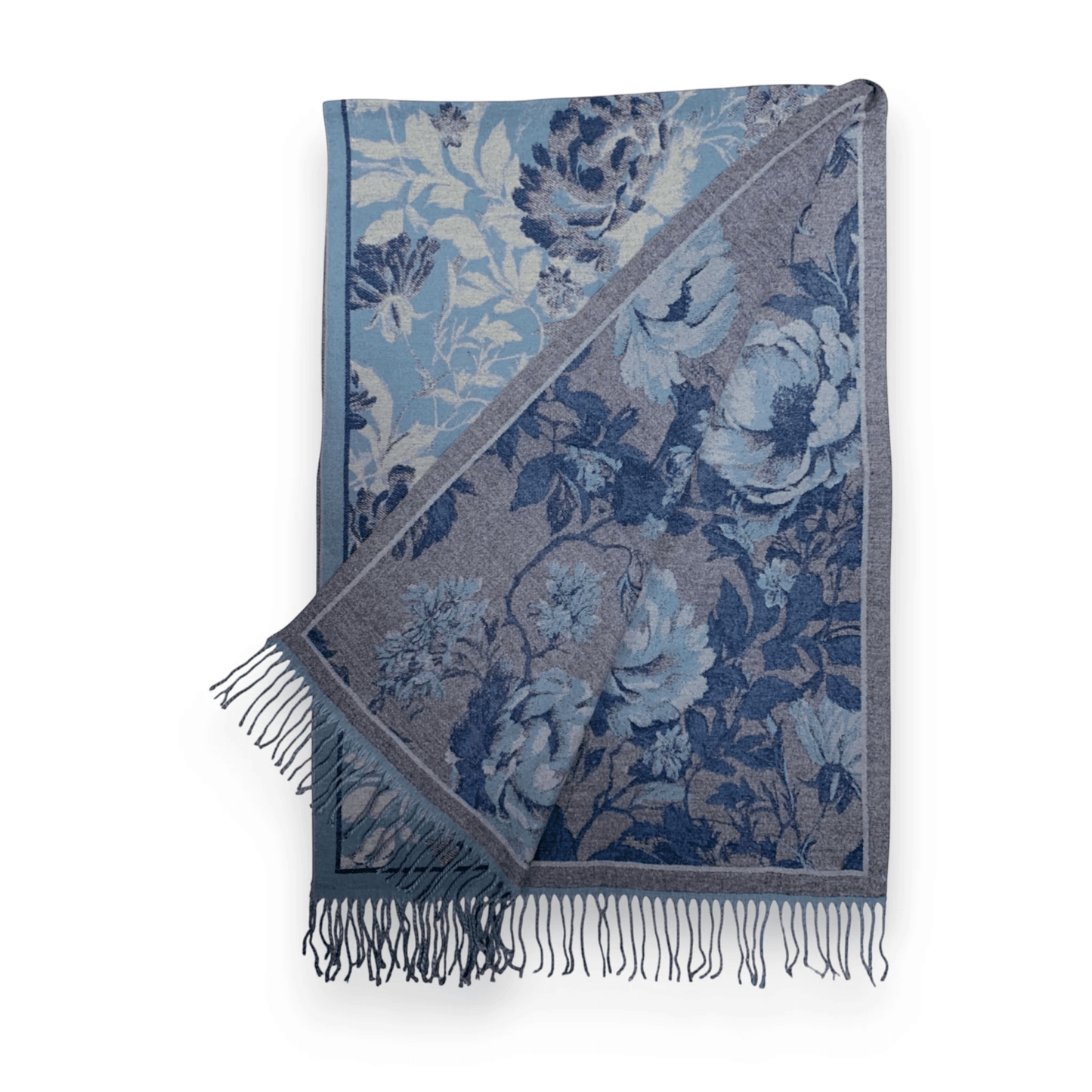 Blue Flower Reversible Print Cashmere Blend Winter Scarf
