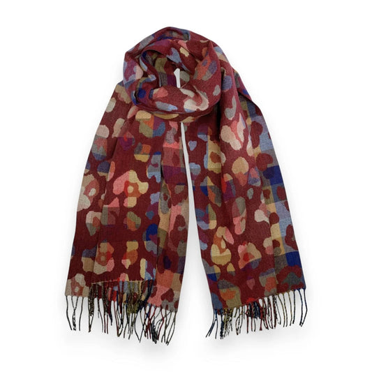 Burgundy Rainbow Leopard Print Cashmere Blend Winter Scarf | The Jewellery Stop