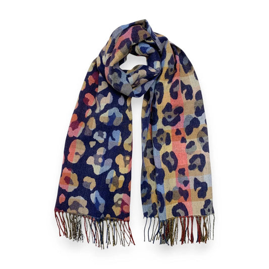 Navy Rainbow Leopard Print Cashmere Blend Winter Scarf | The Jewellery Stop