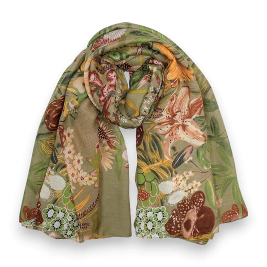 Olive Garden Print Cotton Blend Square Scarf | The Jewellery Stop