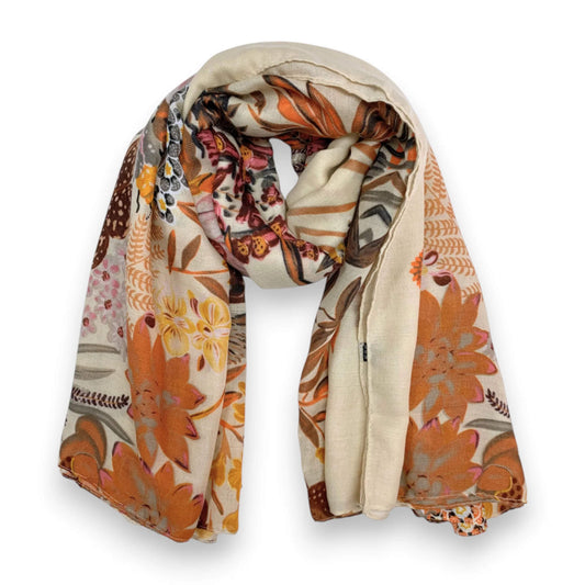 Beige Garden Print Cotton Blend Square Scarf | The Jewellery Stop