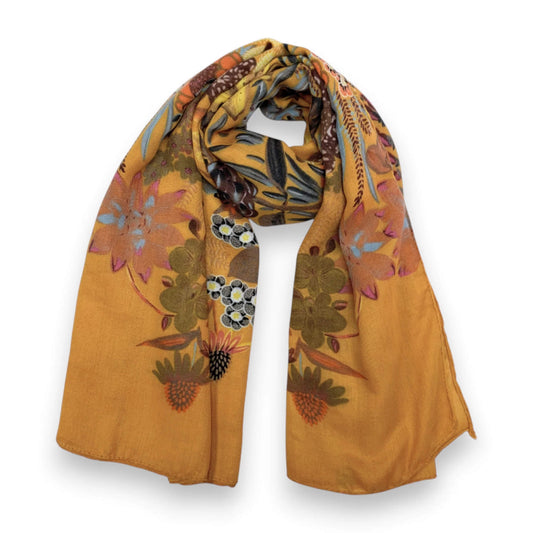 Mustard Garden Print Cotton Blend Square Scarf | The Jewellery Stop