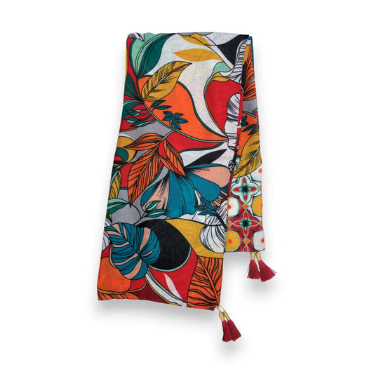 Terracotta Leaves Print Tassel Square Scarf