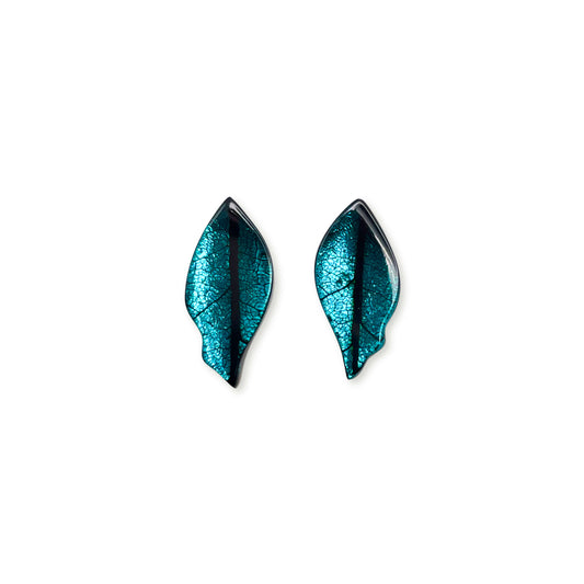 Verdigris Skeletal Leaf Shiny Stud Earrings