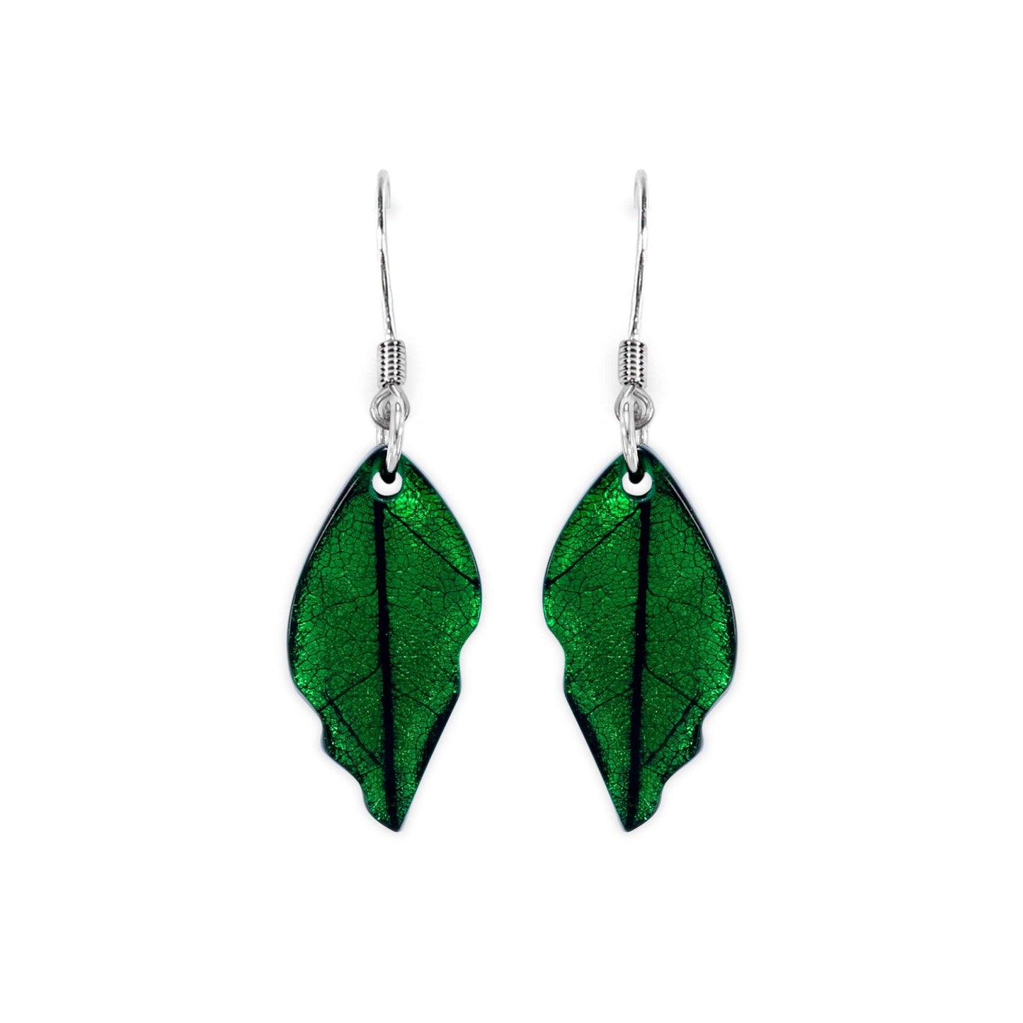 Emerald Skeletal Leaf Shiny Fish Hook Earrings | The Jewellery Stop
