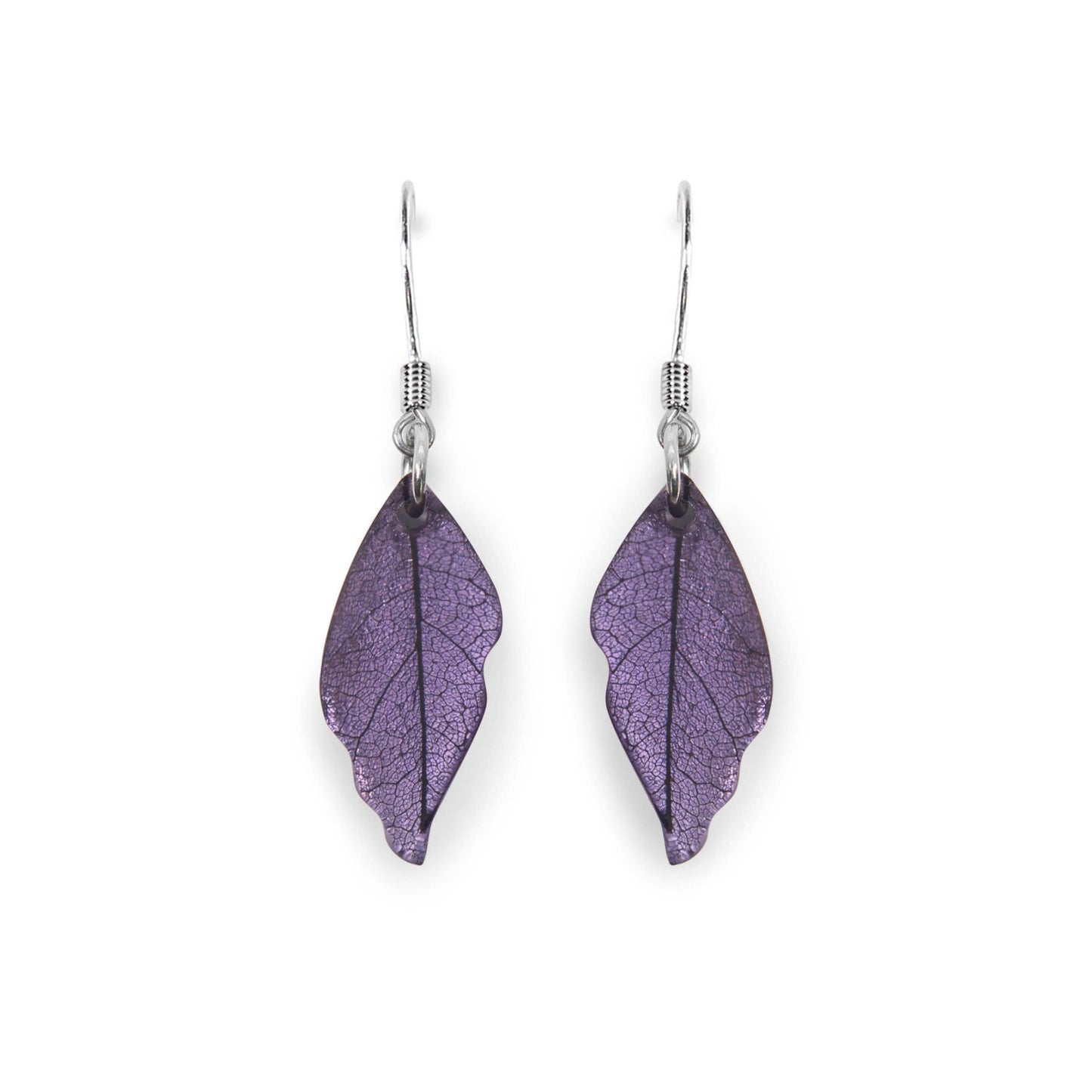 Lavender Skeletal Leaf Shiny Fish Hook Earrings | The Jewellery Stop