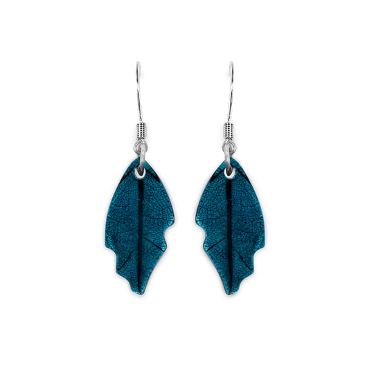 Verdigris Skeletal Leaf Shiny Fish Hook Earrings