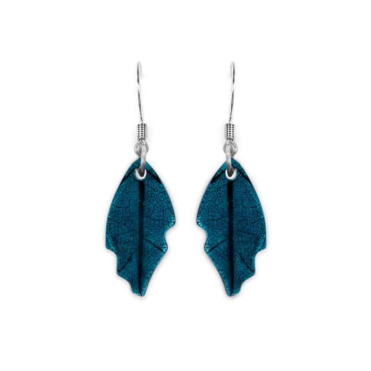 Verdigris Skeletal Leaf Shiny Fish Hook Earrings | The Jewellery Stop