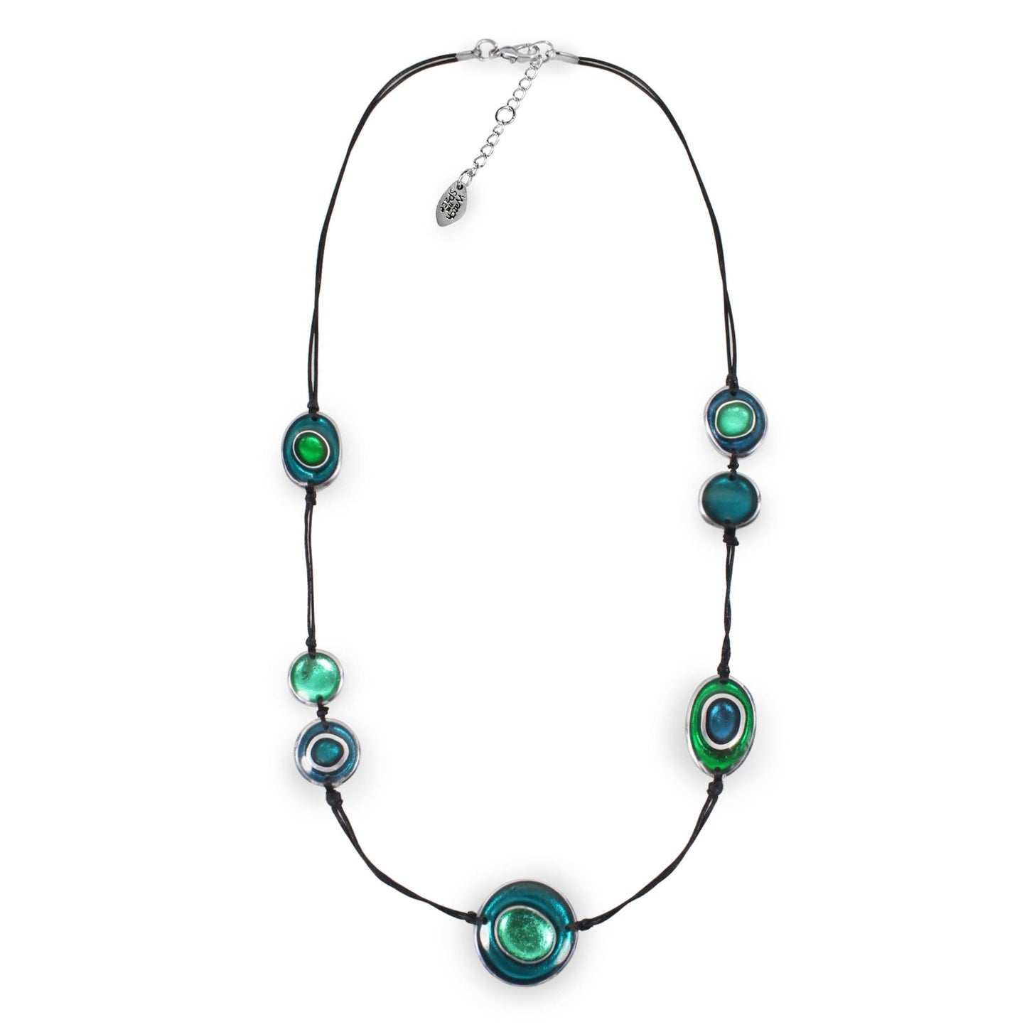Verdigris Organic Circles Shiny Long Necklace | The Jewellery Stop