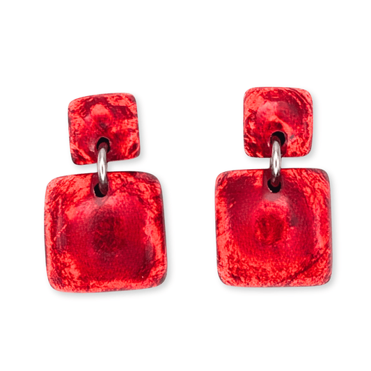 Red Antique Square Shiny Dangle Stud Earrings