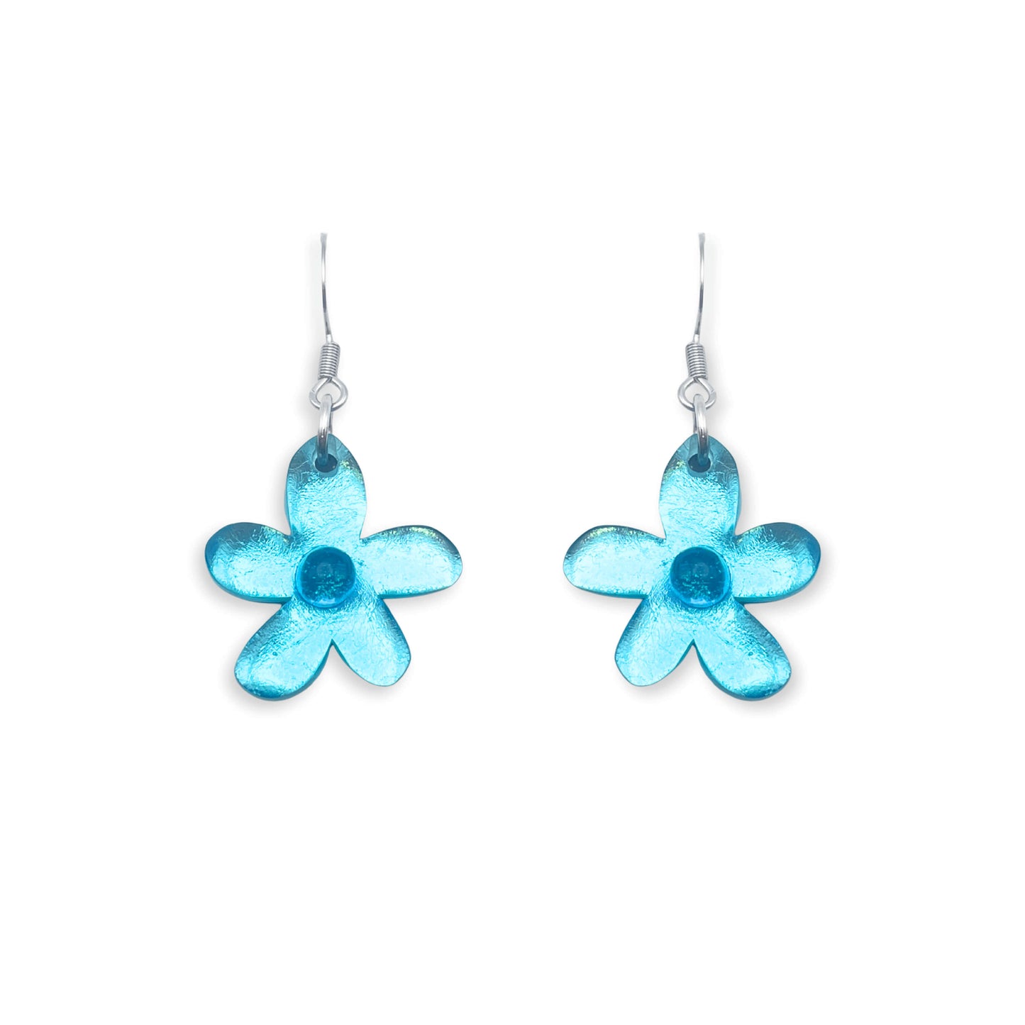 Aqua Flower Shiny Fish Hook Earrings