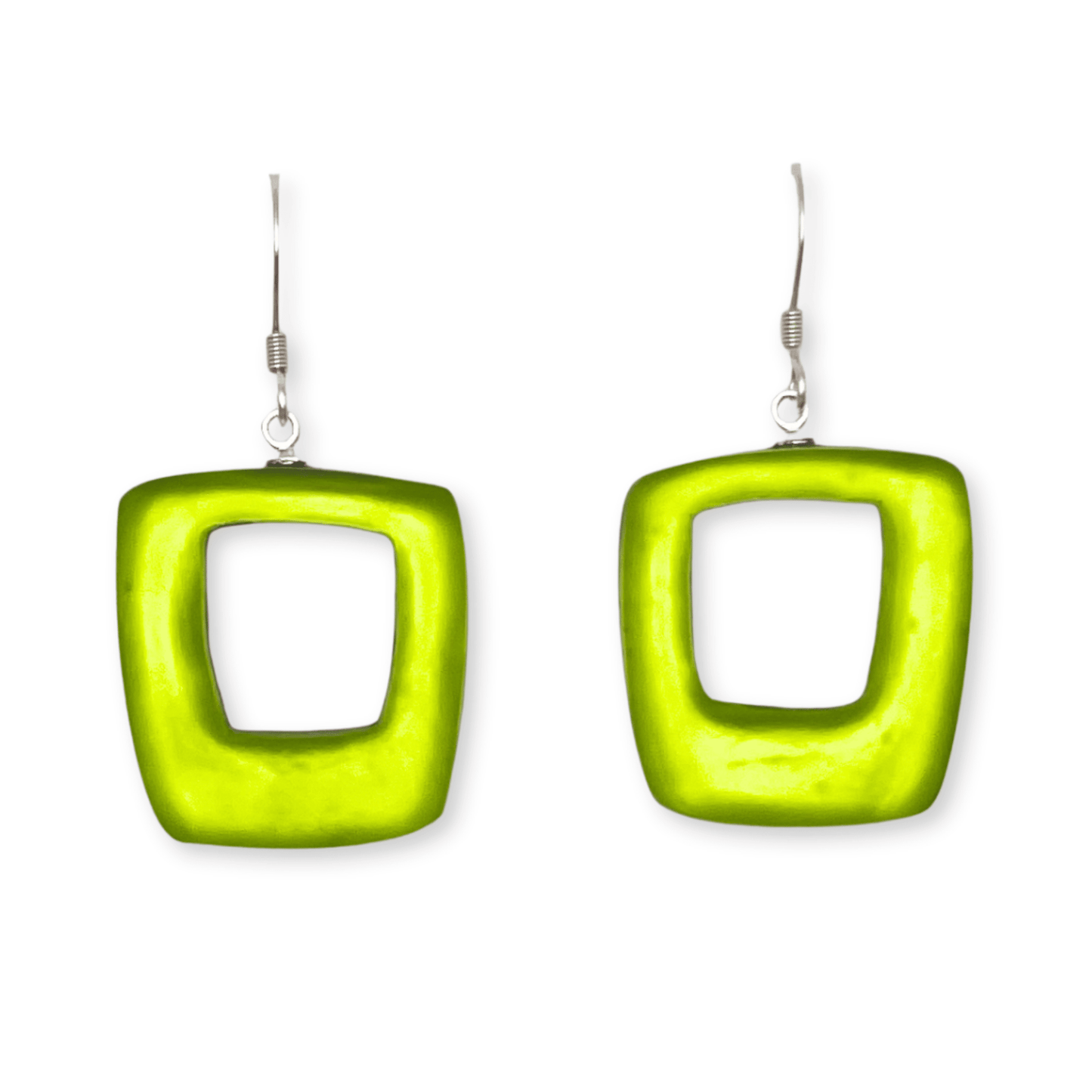 Kiwi Hollow Squares Matte Fish Hook Earrings | The Jewellery Stop