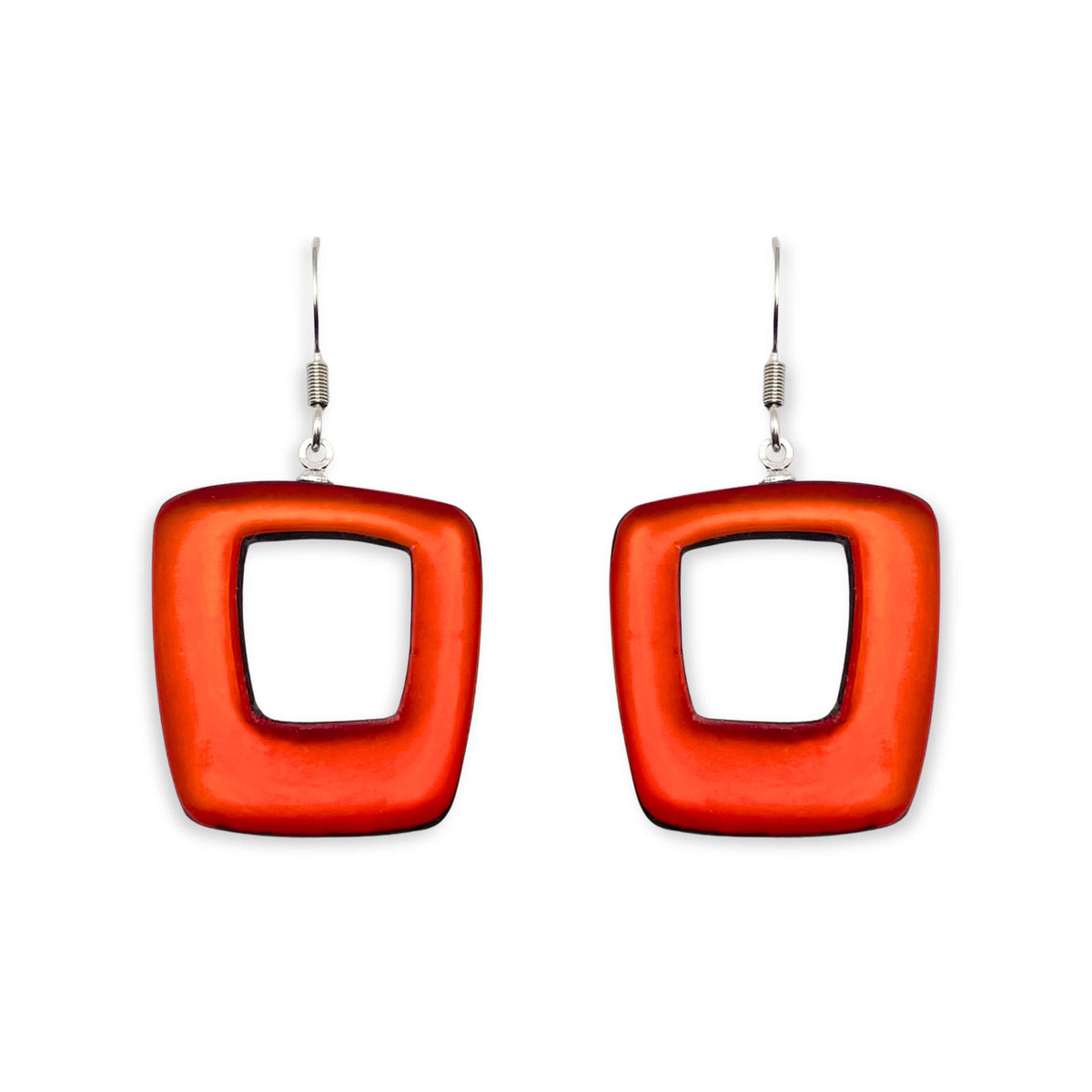 Orange Hollow Squares Matte Fish Hook Earrings
