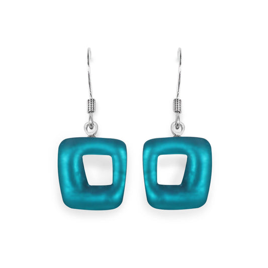 Verdigris Hollow Squares Matte Small Fish Hook Earrings