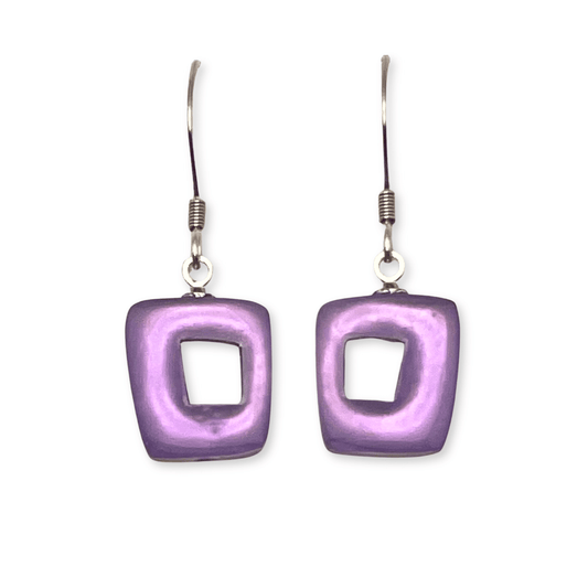 Lilac Hollow Squares Matte Small Fish Hook Earrings | The Jewellery Stop