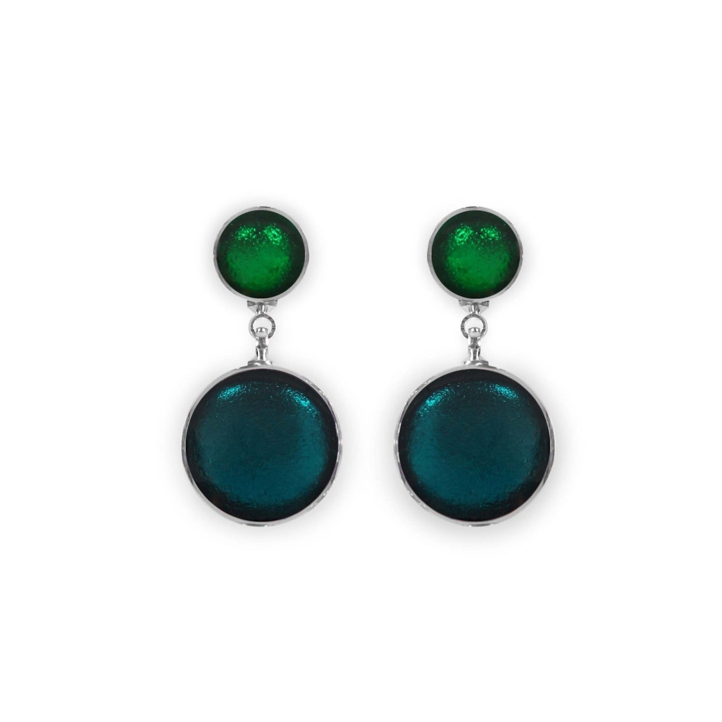 Verdigris Aluminium Circles Shiny Double Drop Stud Earrings | The Jewellery Stop