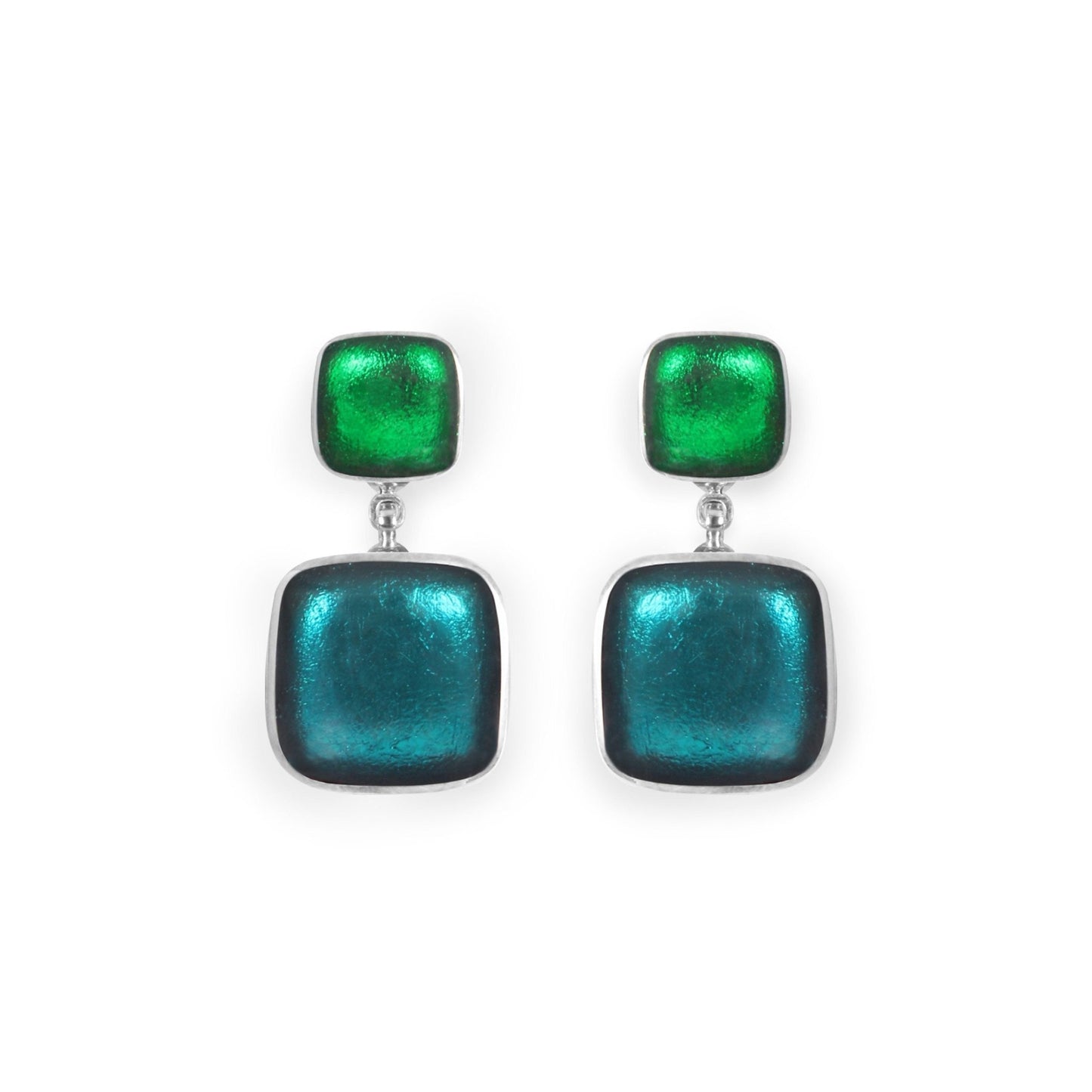 Verdigris Aluminium Squares Shiny Double Drop Stud Earrings | The Jewellery Stop