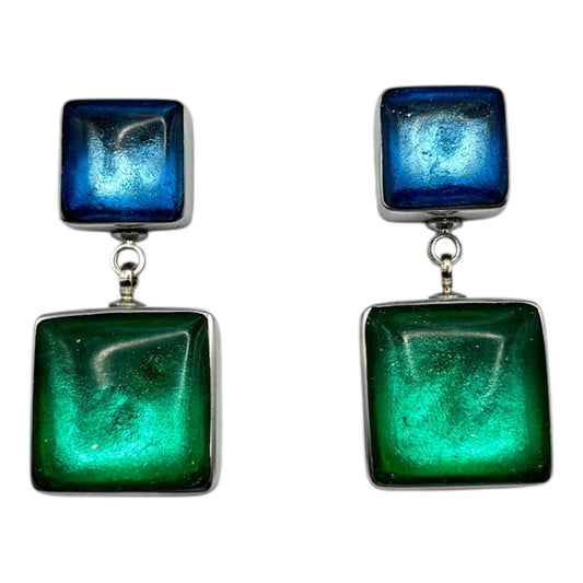 Crystal Aluminium Squares Shiny Double Drop Stud Earrings