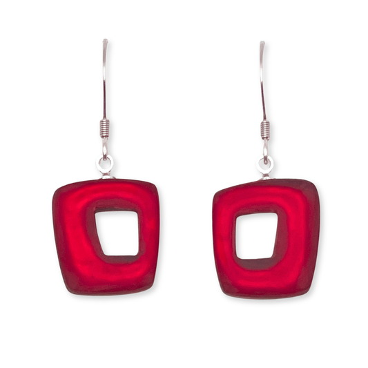 Red Hollow Squares Matte Medium Fish Hook Earrings