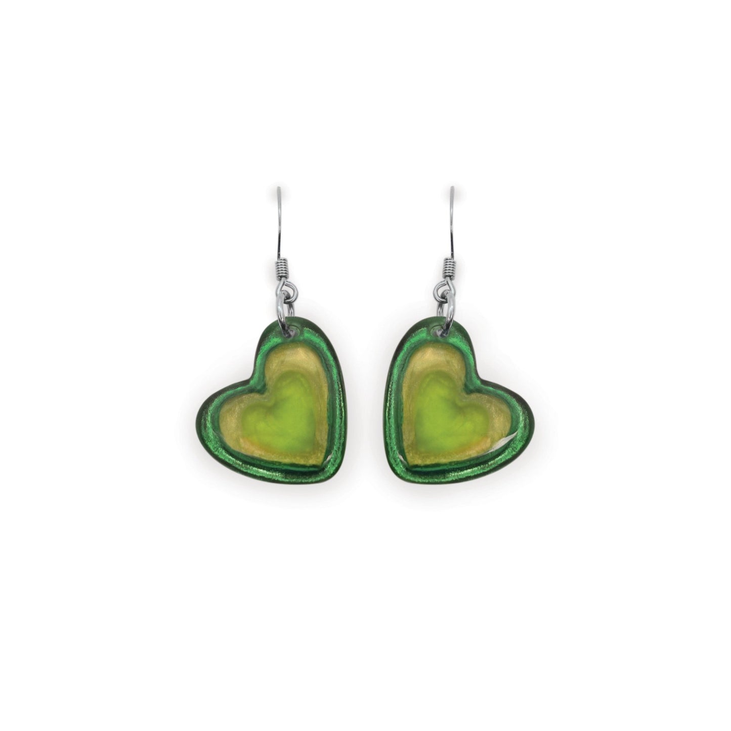 Kiwi Heart Resin Pebble Shiny Fish Hook Earrings | The Jewellery Stop