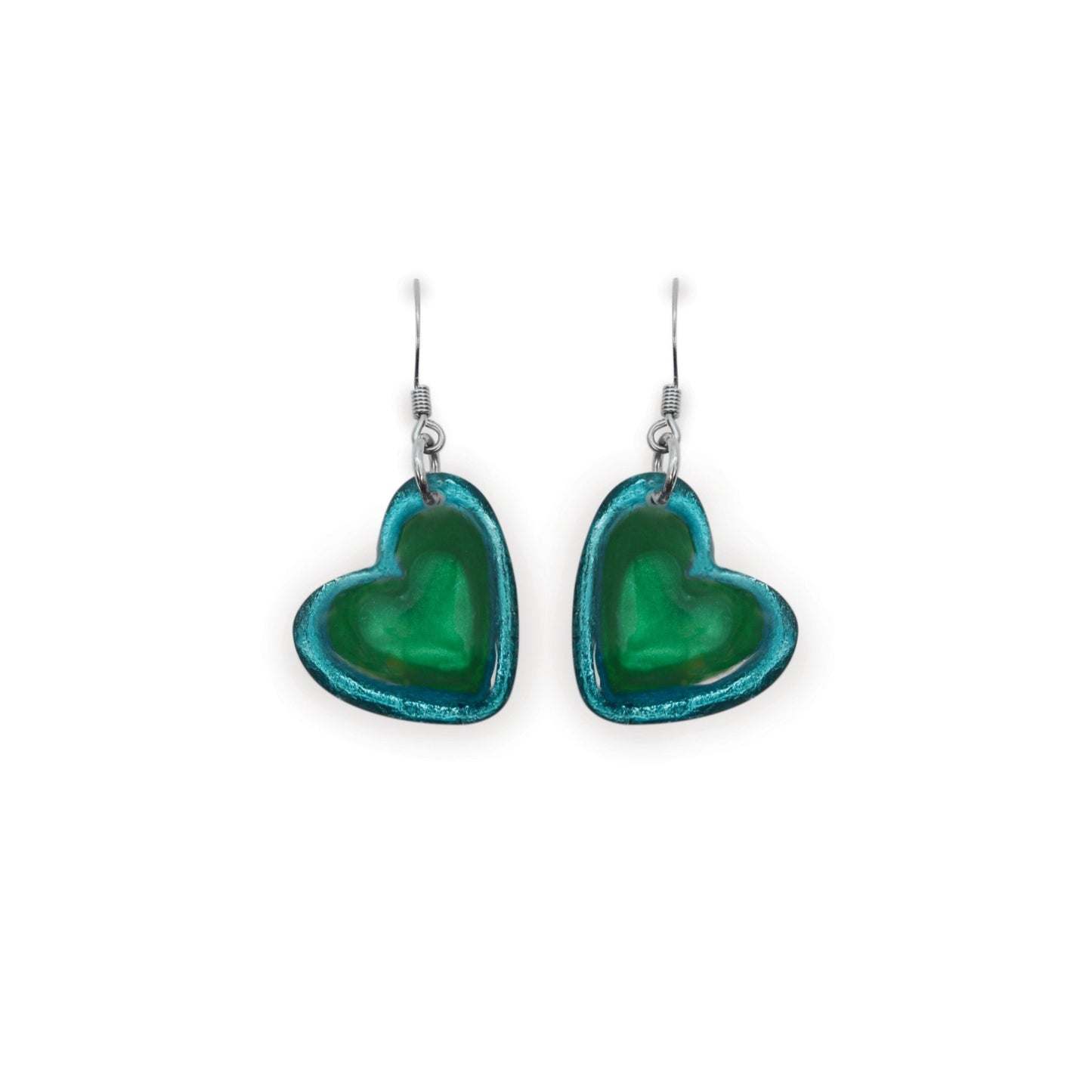 Verdigris Heart Resin Pebble Shiny Fish Hook Earrings | The Jewellery Stop