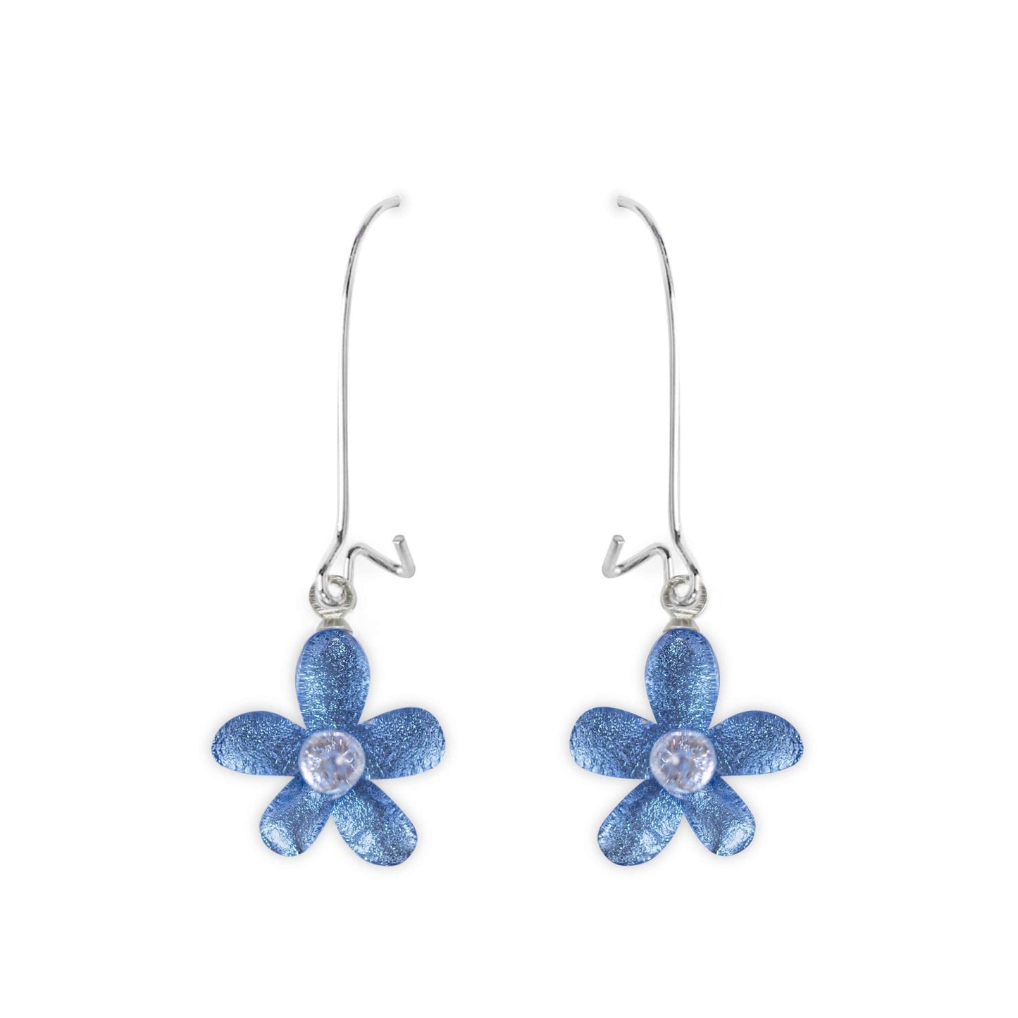 Denim Flower Shiny Small Long Hook Earrings | The Jewellery Stop