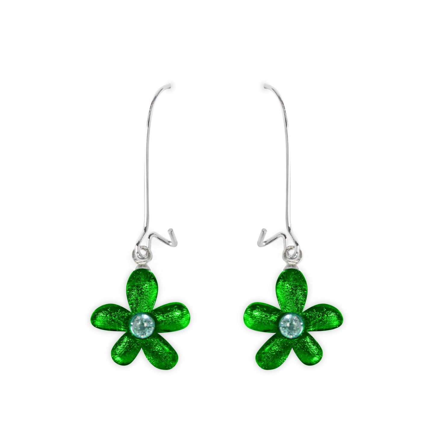 Emerald Flower Shiny Small Long Hook Earrings | The Jewellery Stop