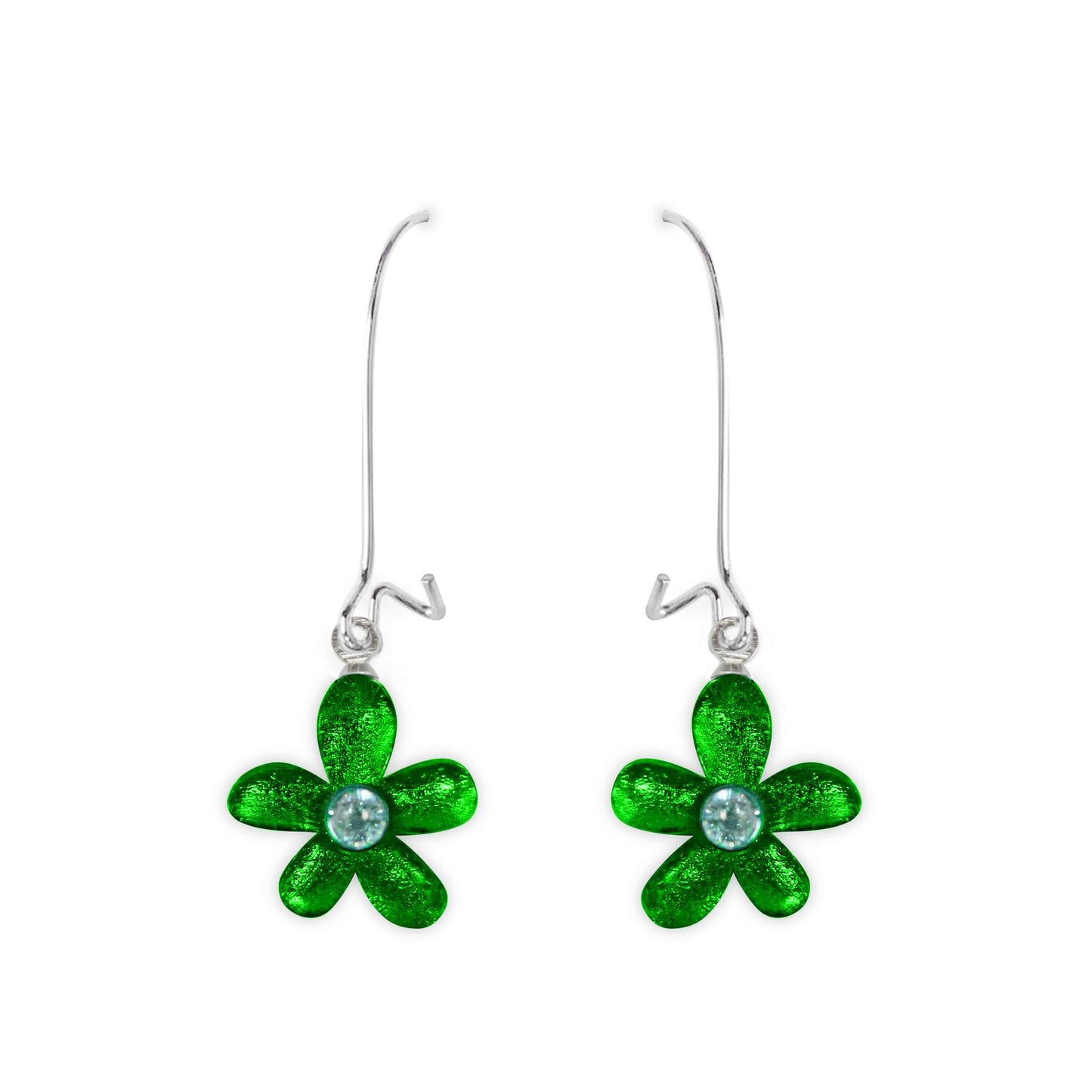 Emerald Flower Shiny Small Long Hook Earrings