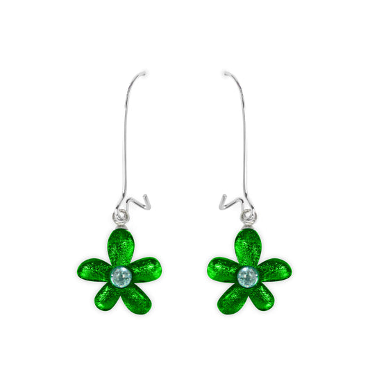 Emerald Flower Shiny Small Long Hook Earrings