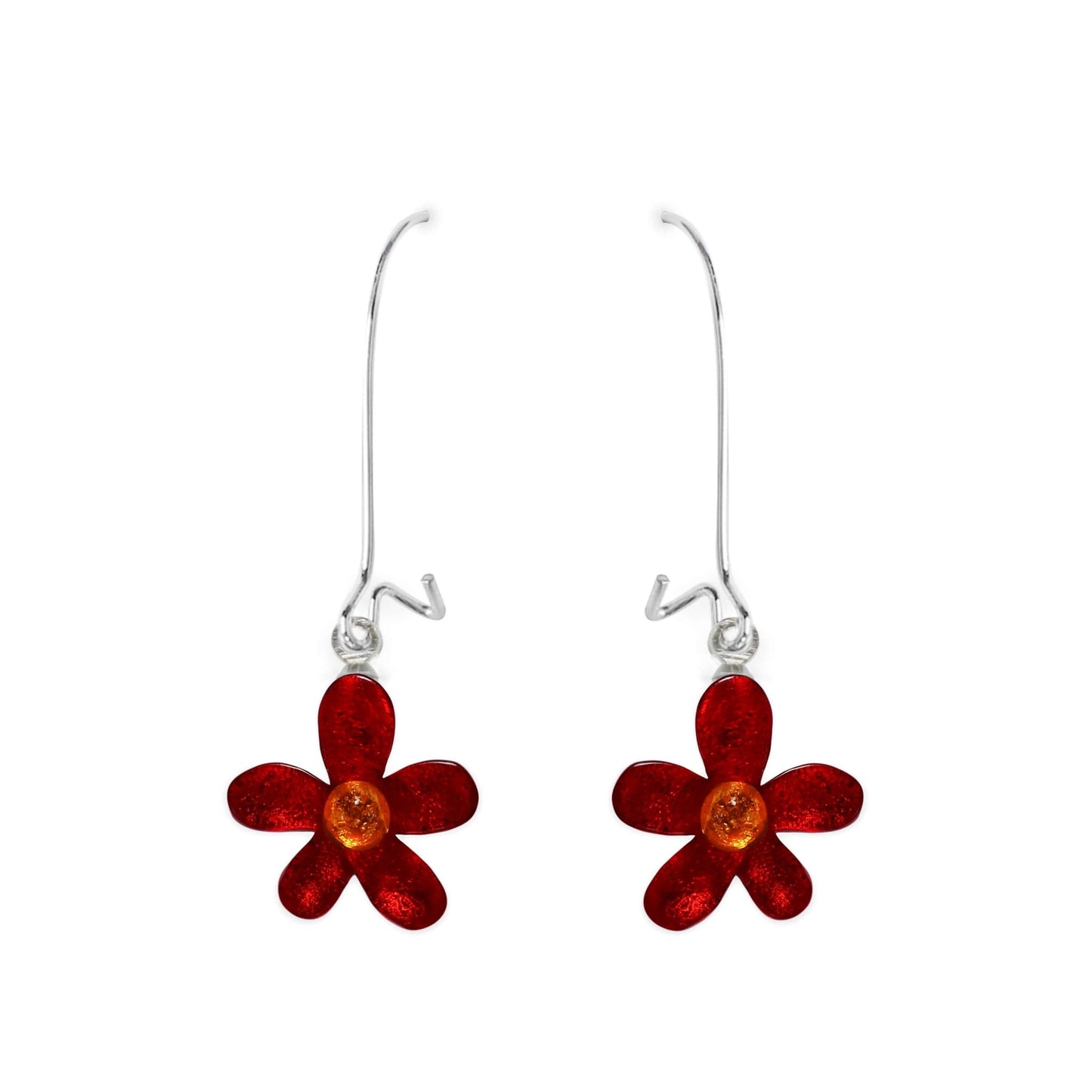 Red Flower Shiny Small Long Hook Earrings | The Jewellery Stop