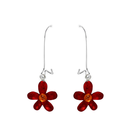 Red Flower Shiny Small Long Hook Earrings