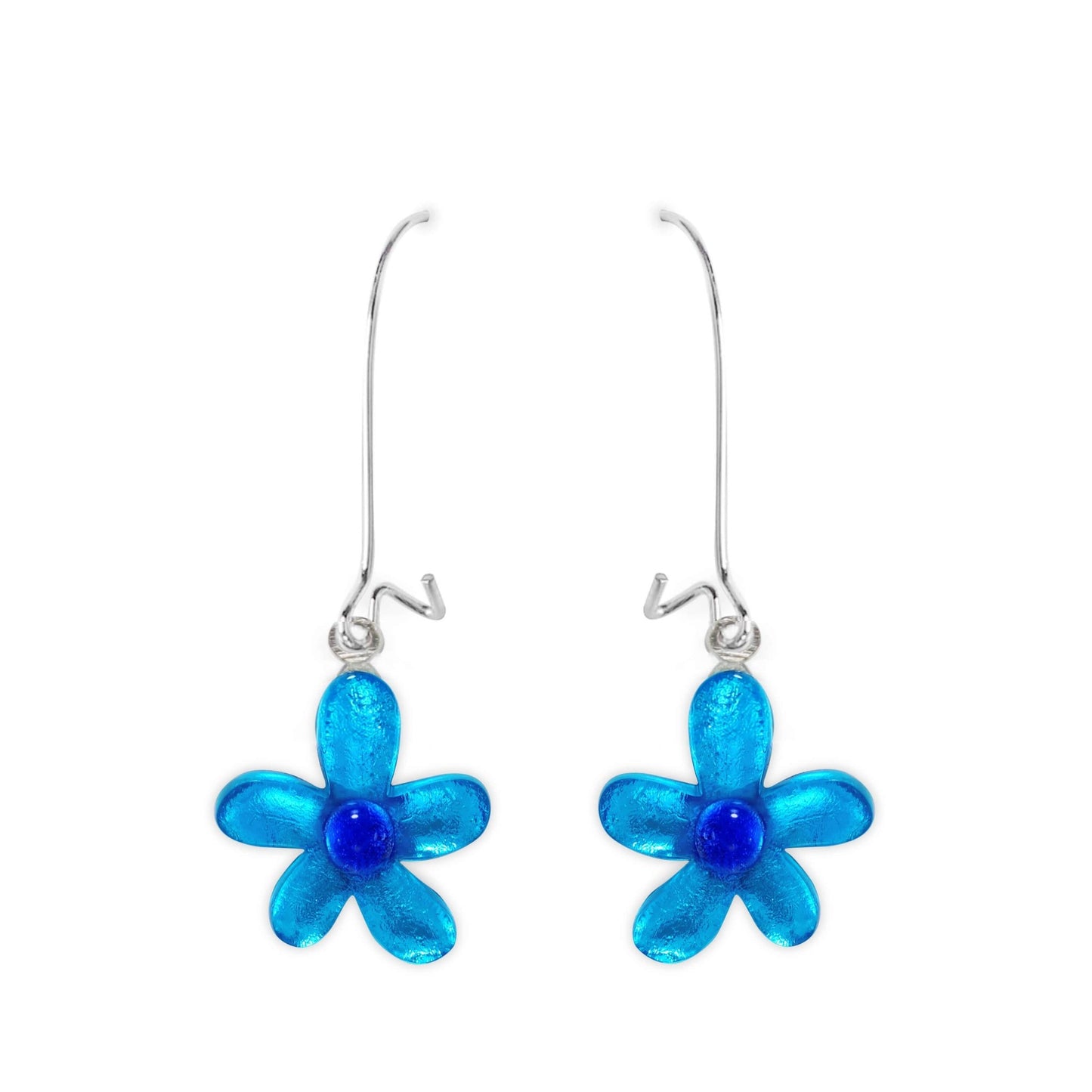 Turquoise Flower Shiny Small Long Hook Earrings | The Jewellery Stop