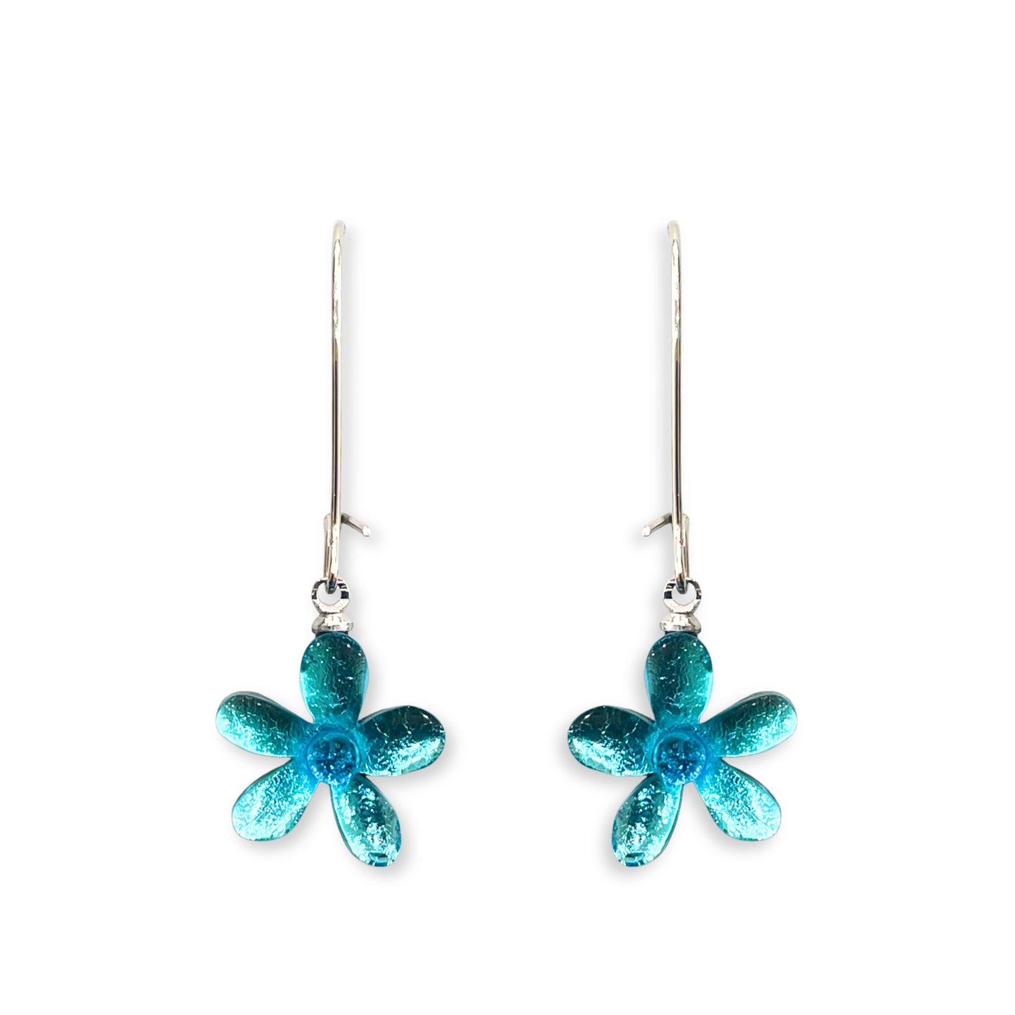 Aqua Flower Shiny Small Long Hook Earrings