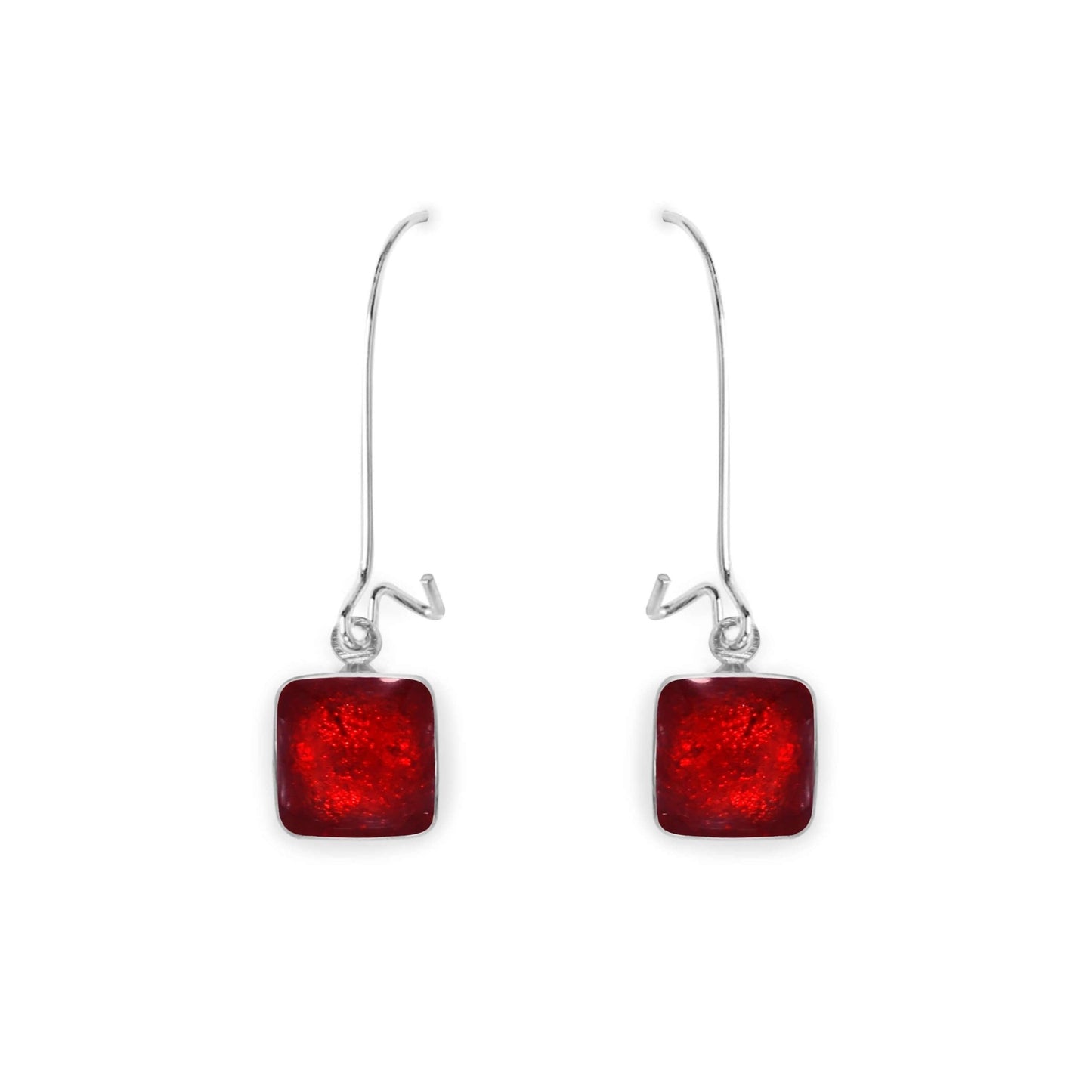 Red Aluminium Squares Shiny Long Hook Earrings | The Jewellery Stop