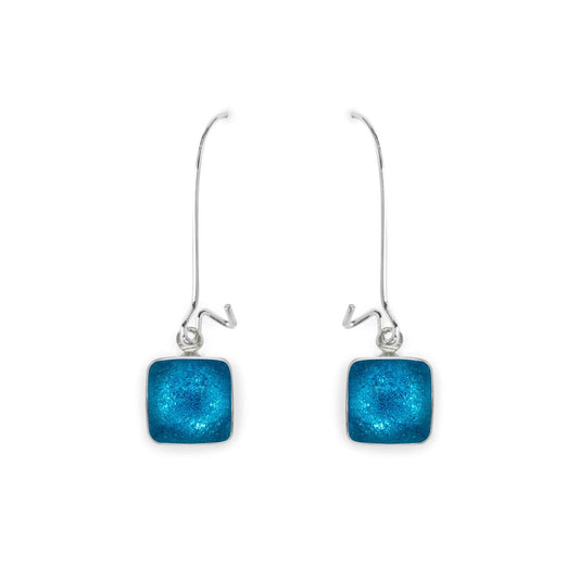 Turquoise Aluminium Squares Shiny Long Hook Earrings | The Jewellery Stop