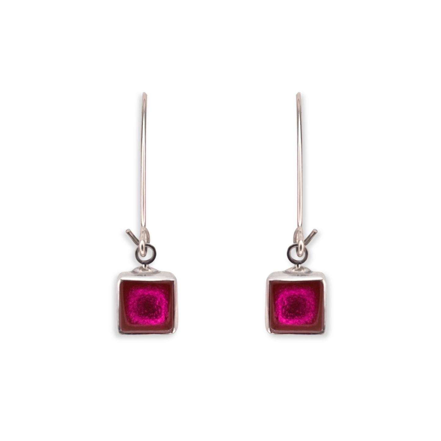 Fuchsia Aluminium Squares Shiny Long Hook Earrings