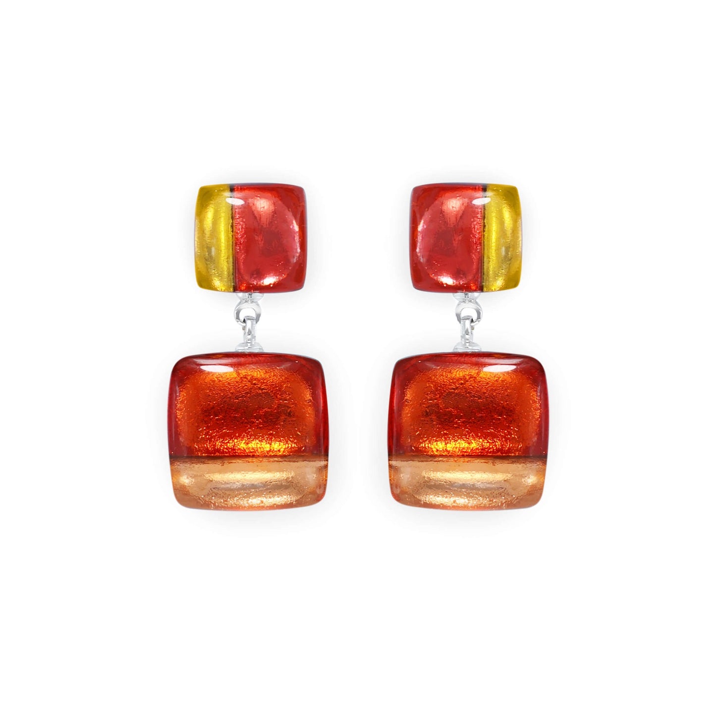 Terracotta Geometric Squares Shiny Double Drop Stud Earrings | The Jewellery Stop