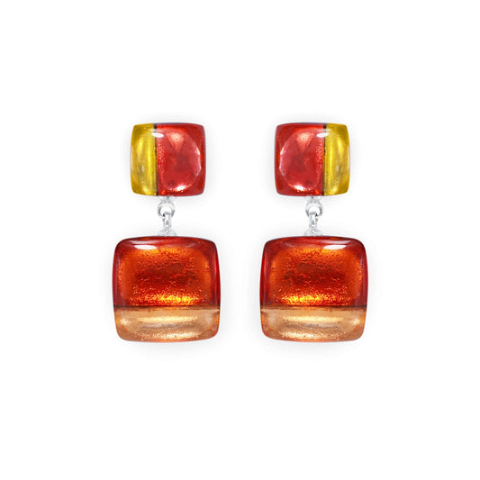 Terracotta Geometric Squares Shiny Double Drop Stud Earrings | The Jewellery Stop