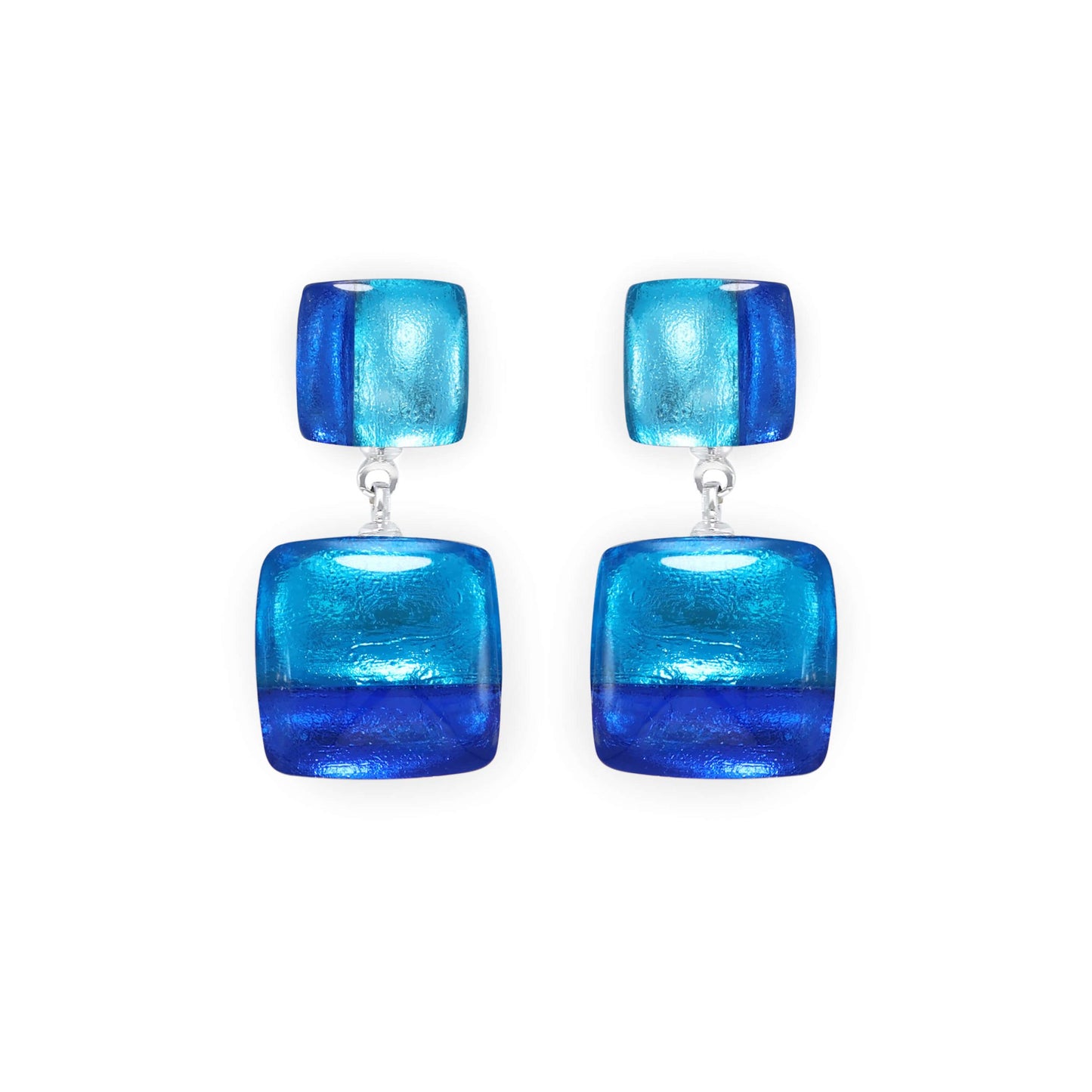 Turquoise Geometric Squares Shiny Double Drop Stud Earrings | The Jewellery Stop