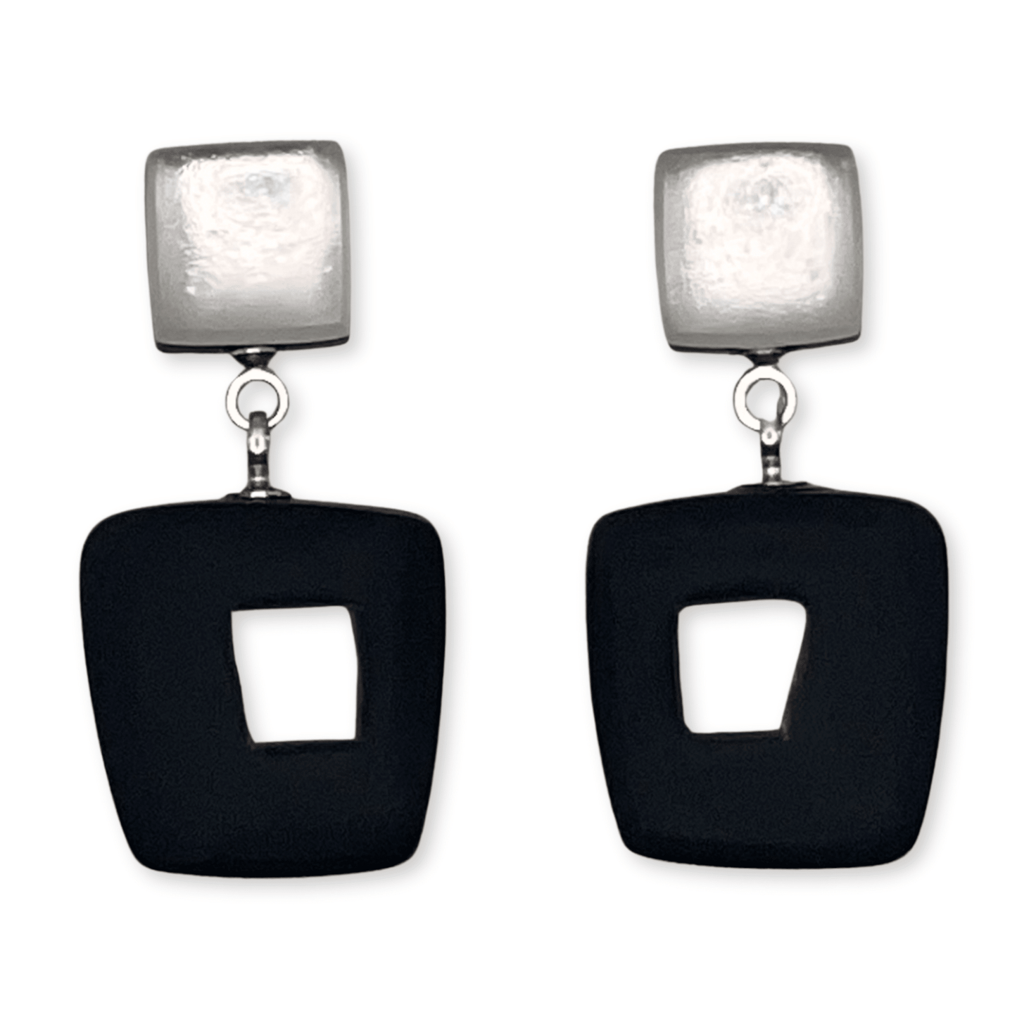 Black Hollow Squares Matte Double Drop Stud Earrings | The Jewellery Stop